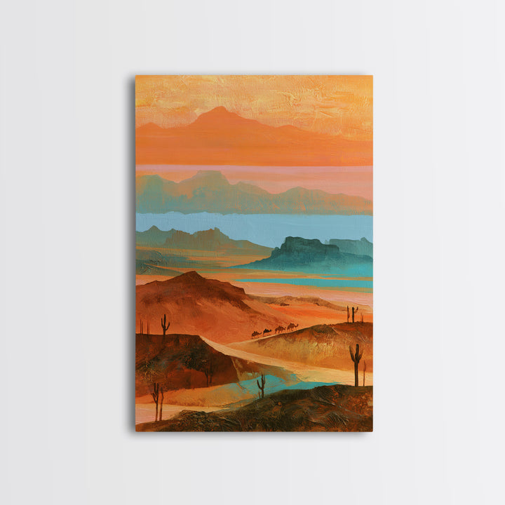 Saharan Dunes with Tiny Caravan Silhouettes Canvas Print, Desert Art, Print, Southwestern Decor, Desert, Watercolor Painting, DES-2x3-10