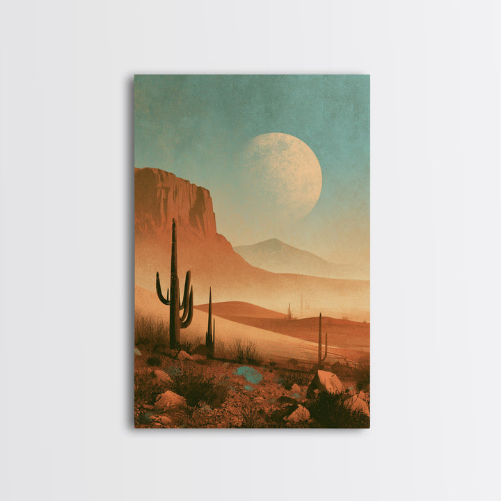 Desert Moon over Rolling Sand Framed Canvas Print, Desert Art, Wall Art Prints, Southwestern Decor, Watercolor Art, Desert, DES-2x3-18