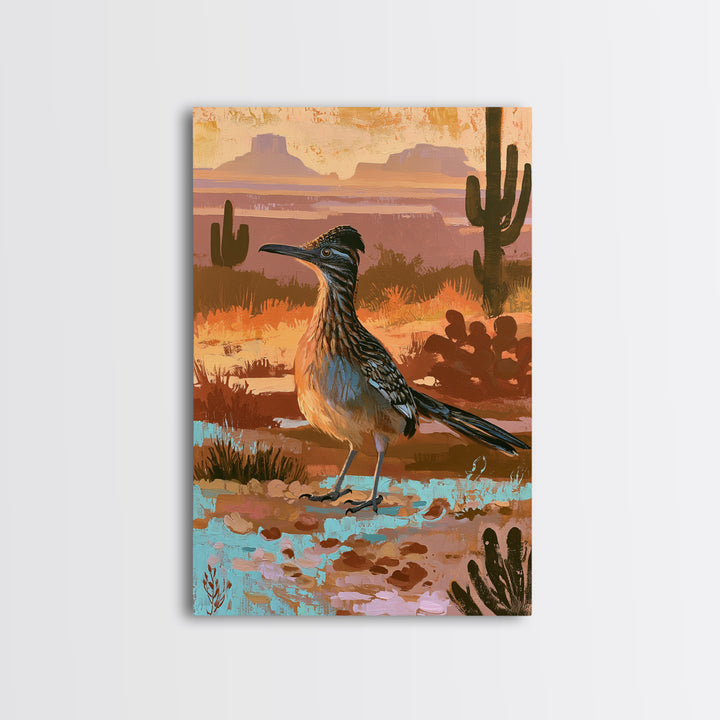 Roadrunner Bird in a Dry Wash Framed Canvas Print, Desert Art, Original Painting, Southwestern Decor, Fine Art, Desert, DES-2x3-22