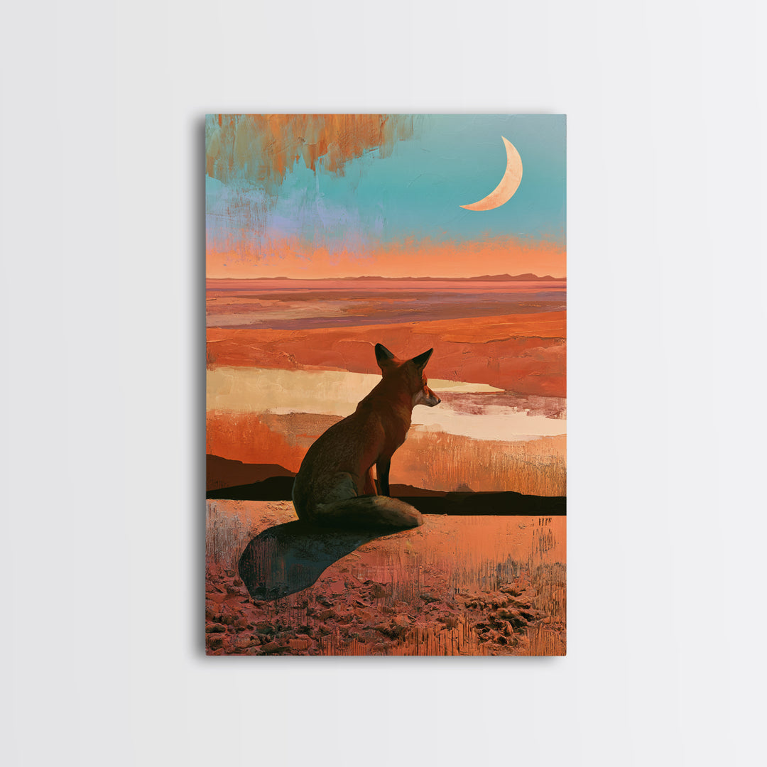 Desert Fox Beneath a Crescent Moon Framed Canvas Print, Desert Art, Abstract Wall Art, Southwestern Decor, Oil Painting, Desert, DES-2x3-25
