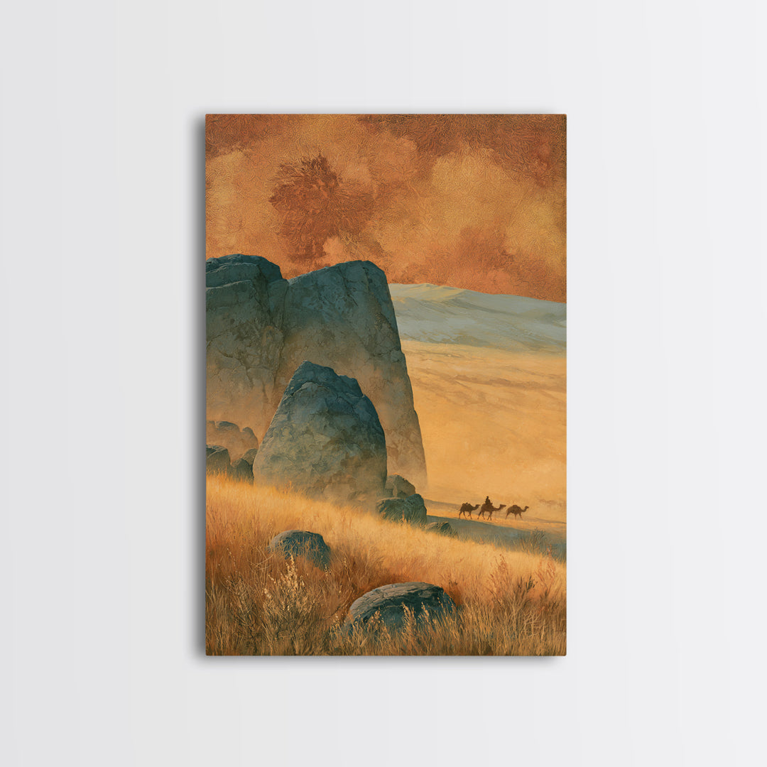 Saharan Dunes with Tiny Caravan Silhouettes Framed Canvas Print, Desert Art, Boho, Southwestern Decor, Fine Art, Desert, DES-2x3-34
