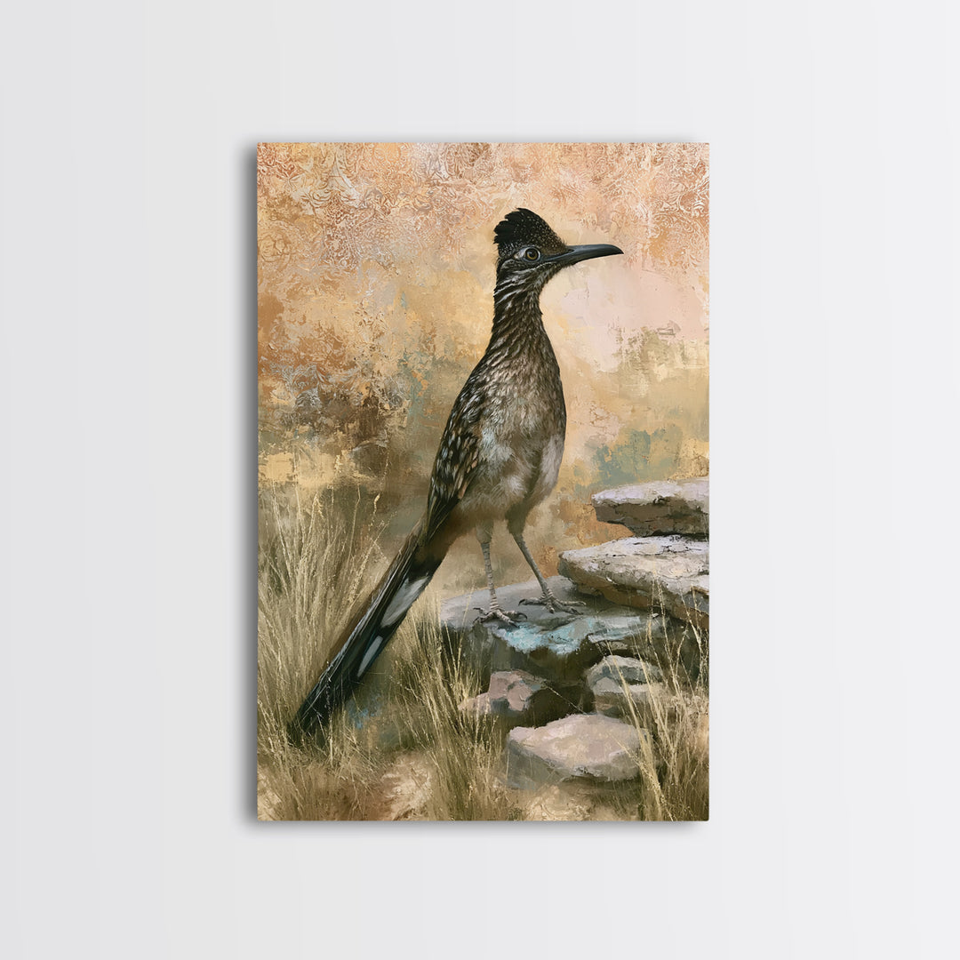 Roadrunner Bird in a Dry Wash Framed Canvas Print, Desert Art, Original Painting, Southwestern Decor, Fine Art, Desert, DES-2x3-46