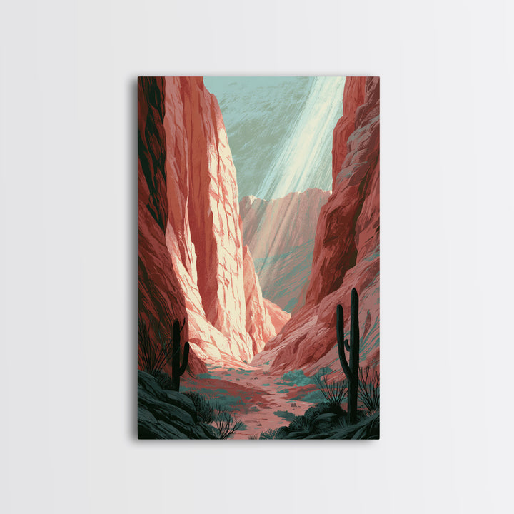Sandstone Canyon with Dramatic Light Beam Framed Canvas Print, Desert Art, Boho, Southwestern Decor, Watercolor Art, Desert, DES-2x3-48