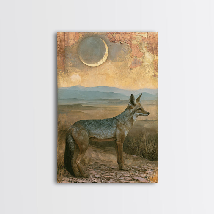 Desert Fox Beneath a Crescent Moon Canvas Print, Desert Art, Bedroom Wall Art, Southwestern Decor, Desert, Fine Art Print, DES-2x3-49