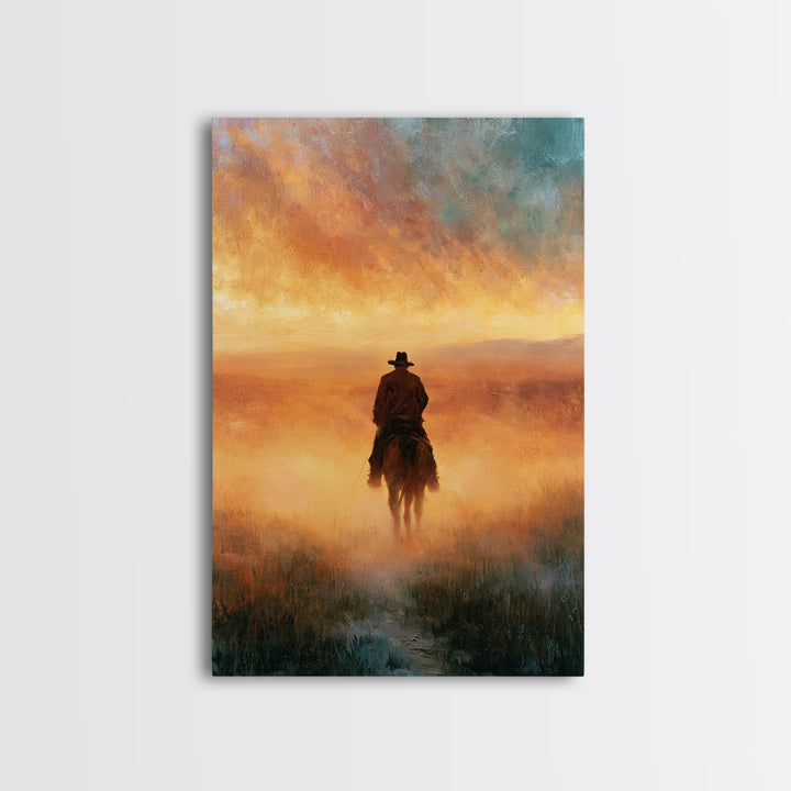 Dusty Horseback Rider at Sunset Framed Canvas Print, Desert Art, Boho Decor, Southwestern Decor, Oil Painting, Desert, DES-2x3-55