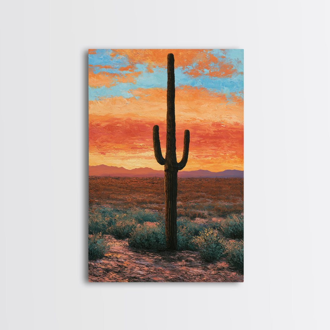 Saguaro Cactus under Orange Sunset Sky Canvas Print, Desert Art, Living Room Art, Southwestern Decor, Fine Art, Desert, DES-2x3-57