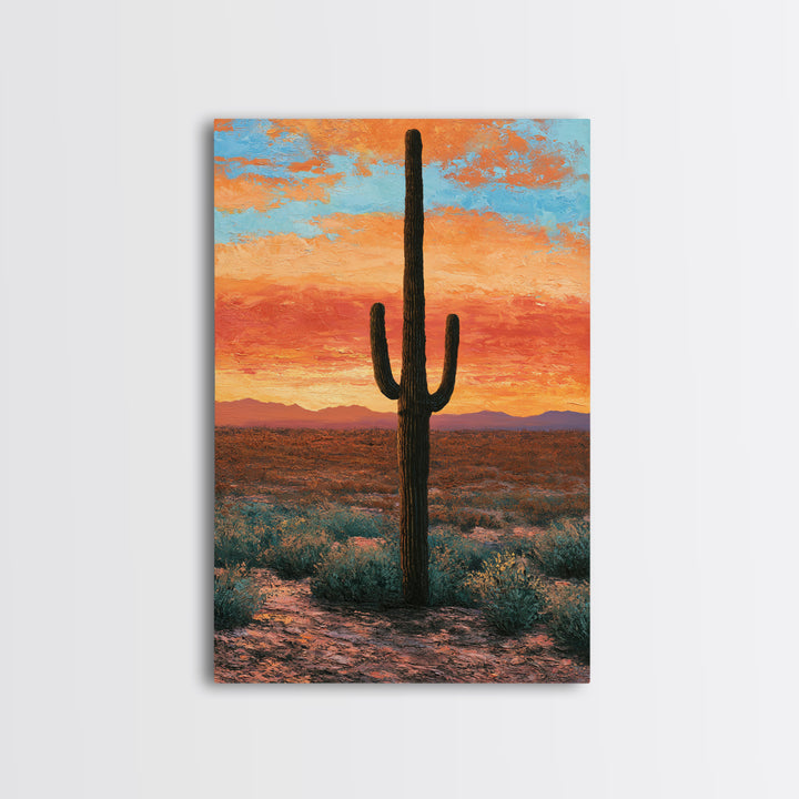 Saguaro Cactus under Orange Sunset Sky Canvas Print, Desert Art, Living Room Art, Southwestern Decor, Fine Art, Desert, DES-2x3-57