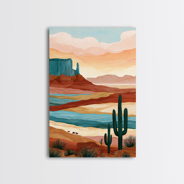 Saharan Dunes with Tiny Caravan Silhouettes Canvas Print, Desert Art, Boho Wall Art, Southwestern Decor, Watercolor Art, Desert, DES-2x3-58