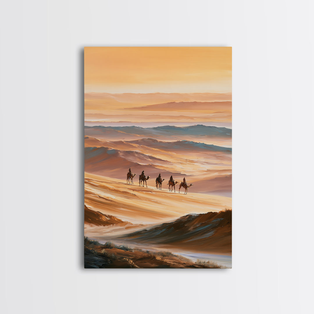 Camel Caravan Crossing Golden Dunes Framed Canvas Print, Desert Art, Botanical Art, Southwestern Decor, Watercolor Art, Desert, DES-2x3-63