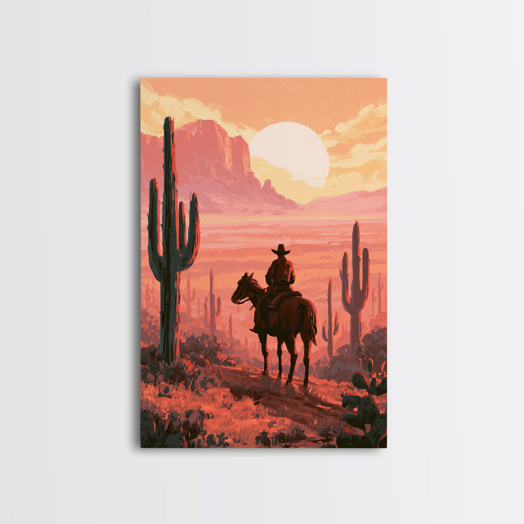 Dusty Horseback Rider at Sunset Canvas Print, Desert Art, Wall Decor, Southwestern Decor, Fine Art, Desert, Living Room Decor, DES-2x3-7