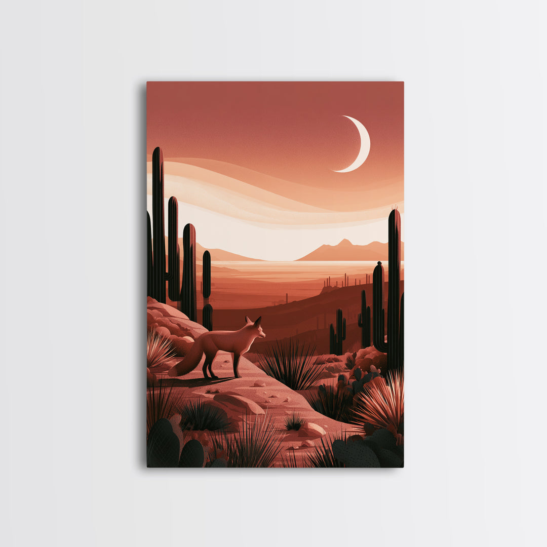Desert Fox Beneath a Crescent Moon Framed Canvas Print, Desert Art, Botanical Art, Southwestern Decor, Fine Art, Desert, DES-2x3-73