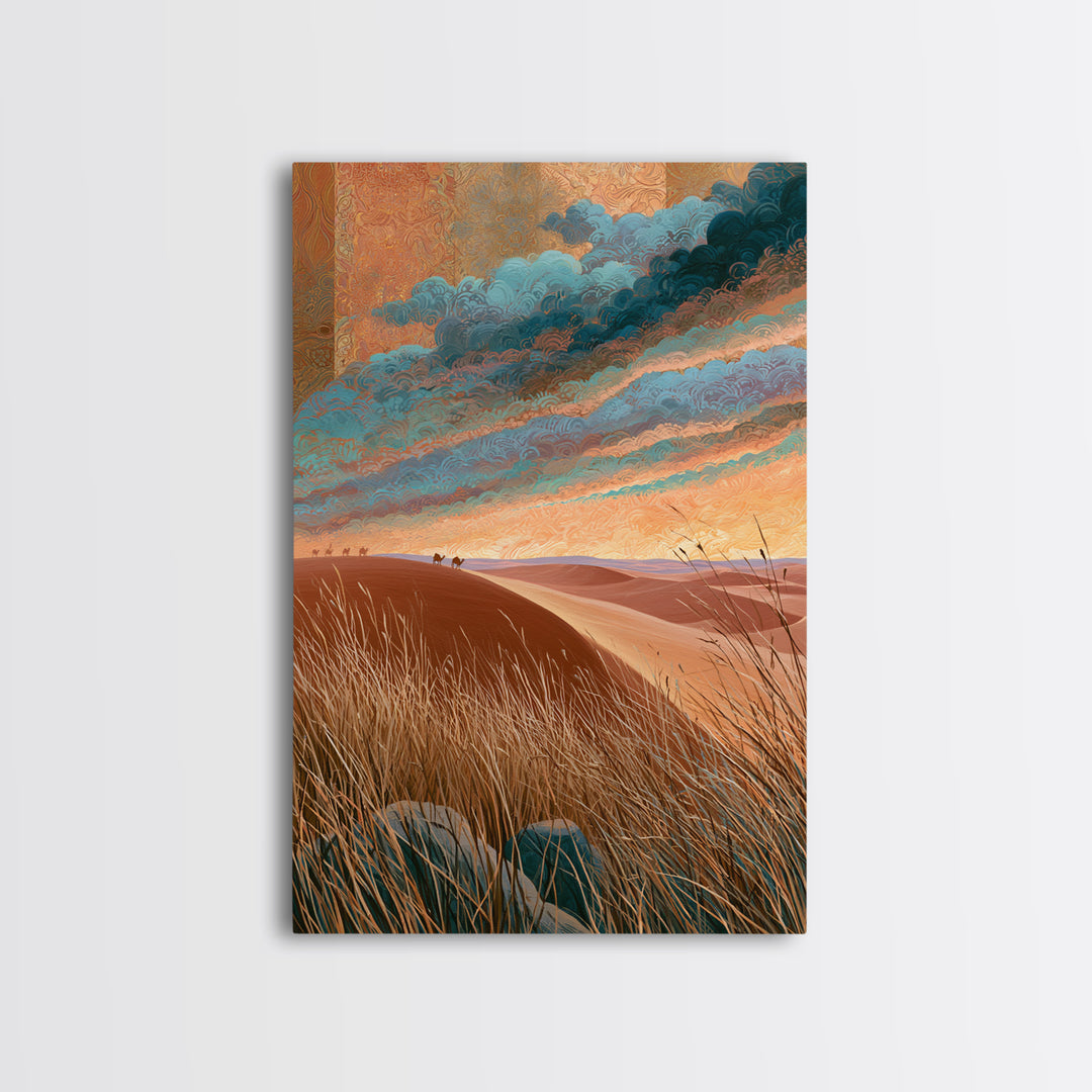 Saharan Dunes with Tiny Caravan Silhouettes Canvas Print, Desert Art, Boho Wall Art, Southwestern Decor, Watercolor Art, Desert, DES-2x3-82