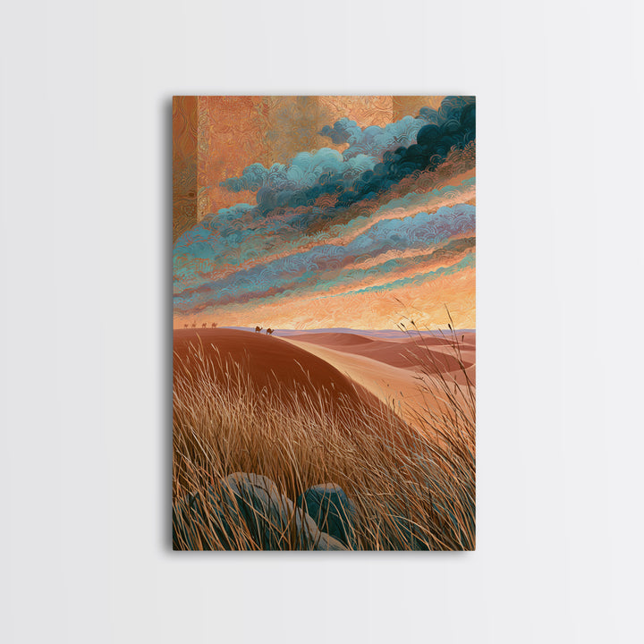 Saharan Dunes with Tiny Caravan Silhouettes Canvas Print, Desert Art, Boho Wall Art, Southwestern Decor, Watercolor Art, Desert, DES-2x3-82