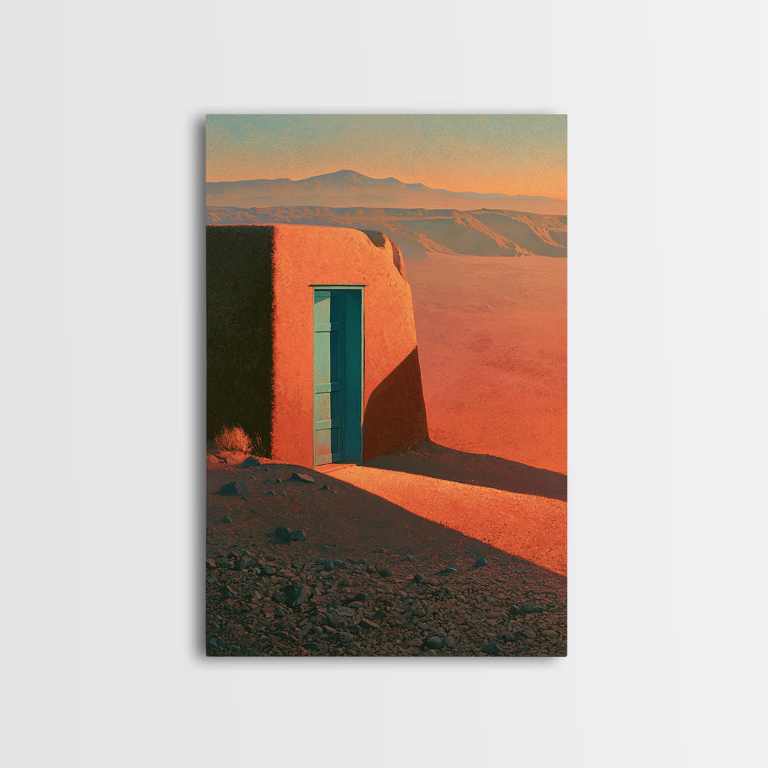 Adobe Doorway with Turquoise Shadow Framed Canvas Print, Desert Art, Nature Wall Art, Southwestern Decor, Oil Painting, Desert, DES-2x3-85