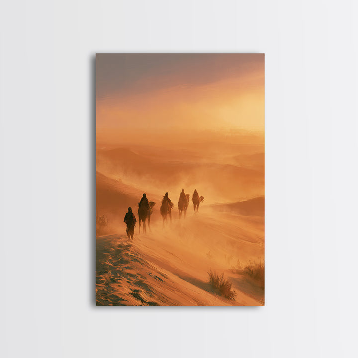 Camel Caravan Crossing Golden Dunes Framed Canvas Print, Desert Art, Southwestern Decor, Oil Painting, Desert, DES-2x3-87