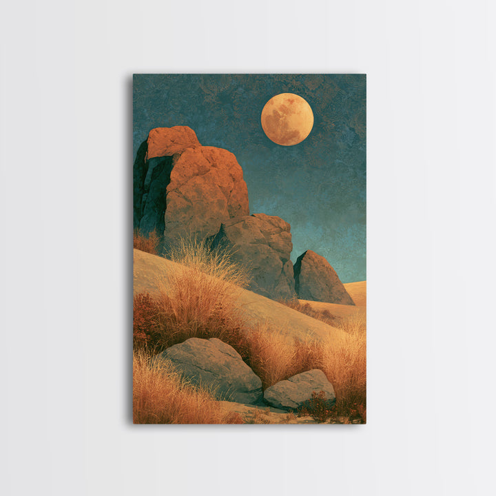 Desert Moon over Rolling Sand Framed Canvas Print, Desert Art, Modern Wall Art, Southwestern Decor, Oil Painting, Desert, DES-2x3-90