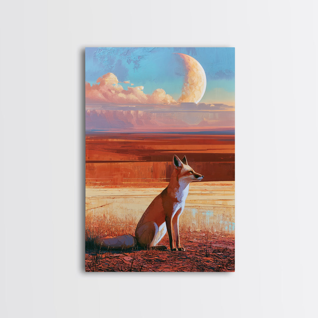 Desert Fox Beneath a Crescent Moon Framed Canvas Print, Desert Art, Botanical Art, Southwestern Decor, Fine Art, Desert, DES-2x3-97
