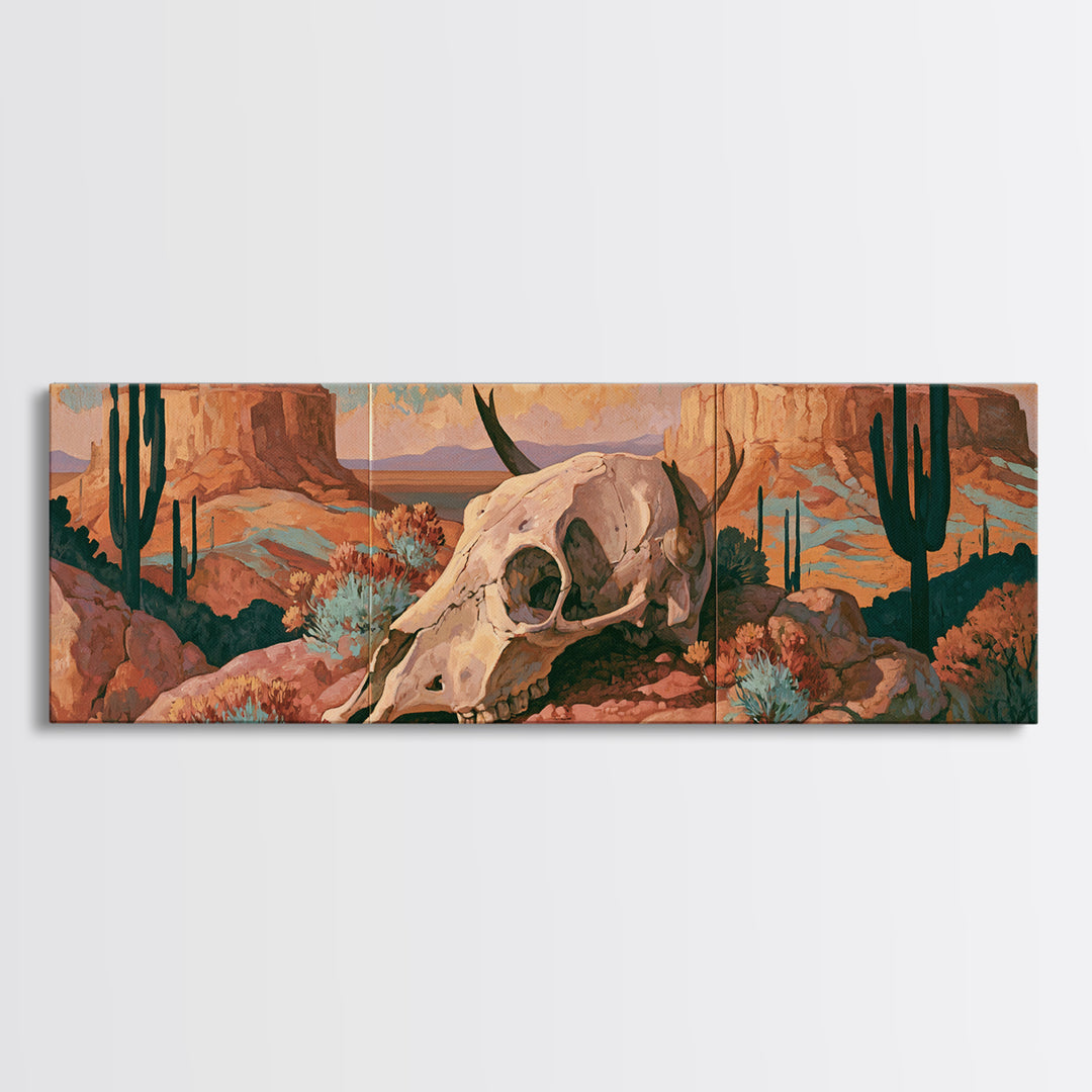 Sun Bleached Skull and Desert Flowers Canvas Print, Desert Art, Printable Wall Art, Southwestern Decor, Fine Art, Desert, DES-3x1-100