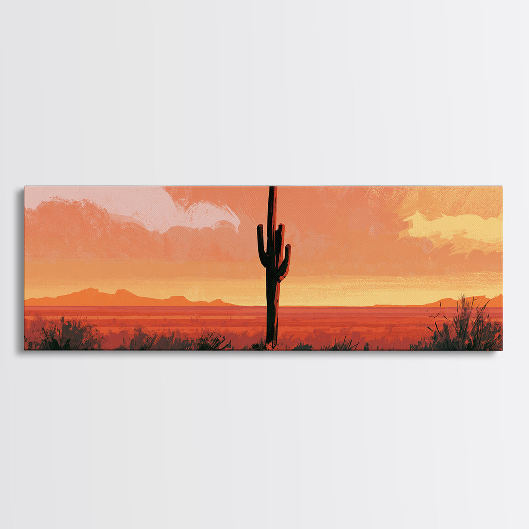 Saguaro Cactus under Orange Sunset Sky Framed Canvas Print, Desert Art, Gallery Decor, Southwestern Decor, Fine Art, Desert, DES-3x1-17