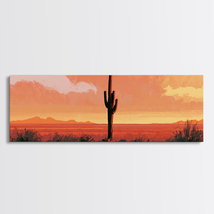Saguaro Cactus under Orange Sunset Sky Framed Canvas Print, Desert Art, Gallery Decor, Southwestern Decor, Fine Art, Desert, DES-3x1-17