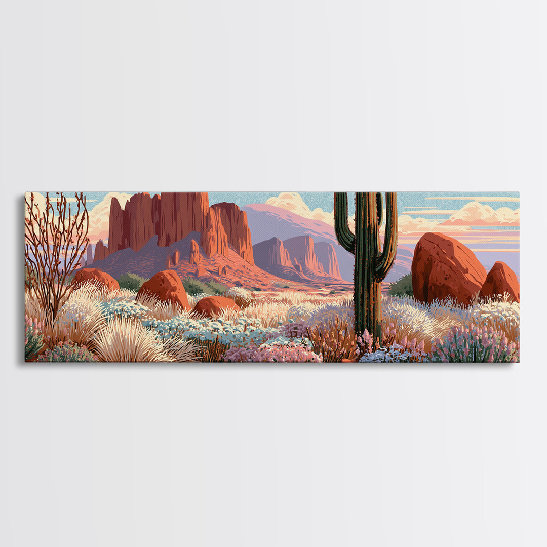 Desert Wildflowers After Spring Rain Canvas Print, Desert Art, Digital Download Art, Southwestern Decor, Oil Painting, Desert, DES-3x1-20