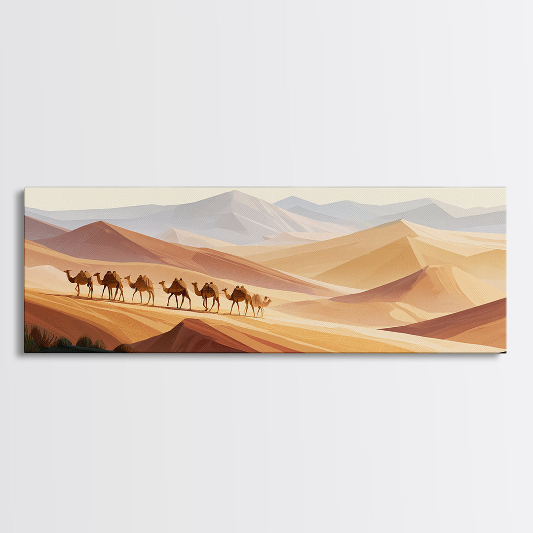 Camel Caravan Crossing Golden Dunes Framed Canvas Print, Desert Art, Contemporary Art, Southwestern Decor, Fine Art, Desert, DES-3x1-23