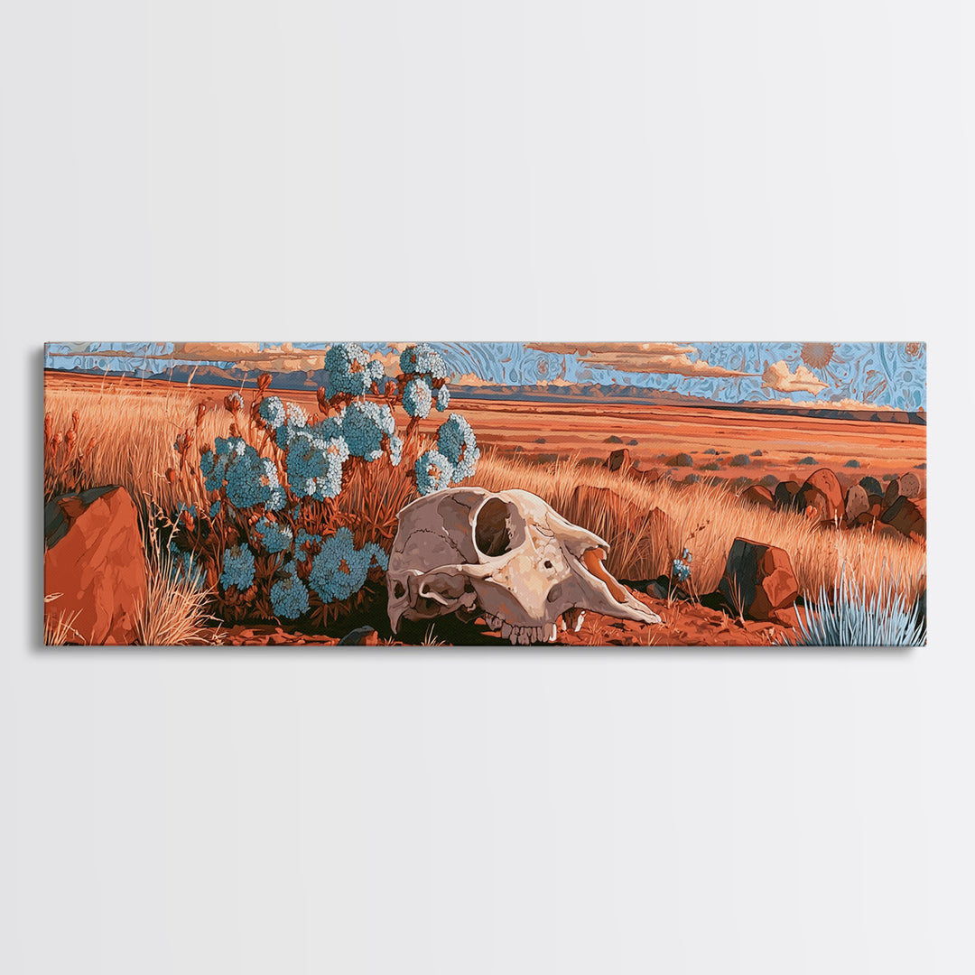Sun Bleached Skull and Desert Flowers Framed Canvas Print, Desert Art, Nature Wall Art, Southwestern Decor, Watercolor Art, DES-3x1-28