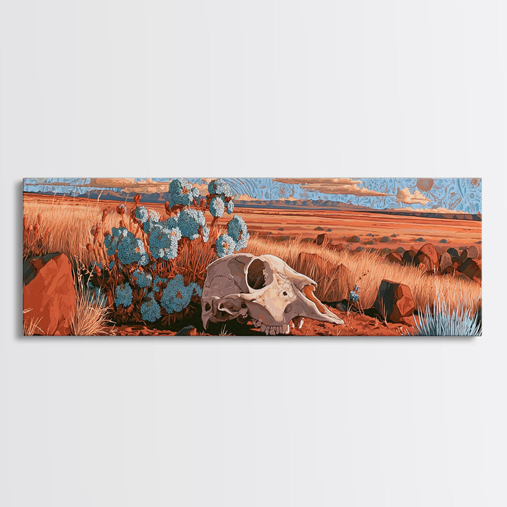 Sun Bleached Skull and Desert Flowers Framed Canvas Print, Desert Art, Nature Wall Art, Southwestern Decor, Watercolor Art, DES-3x1-28