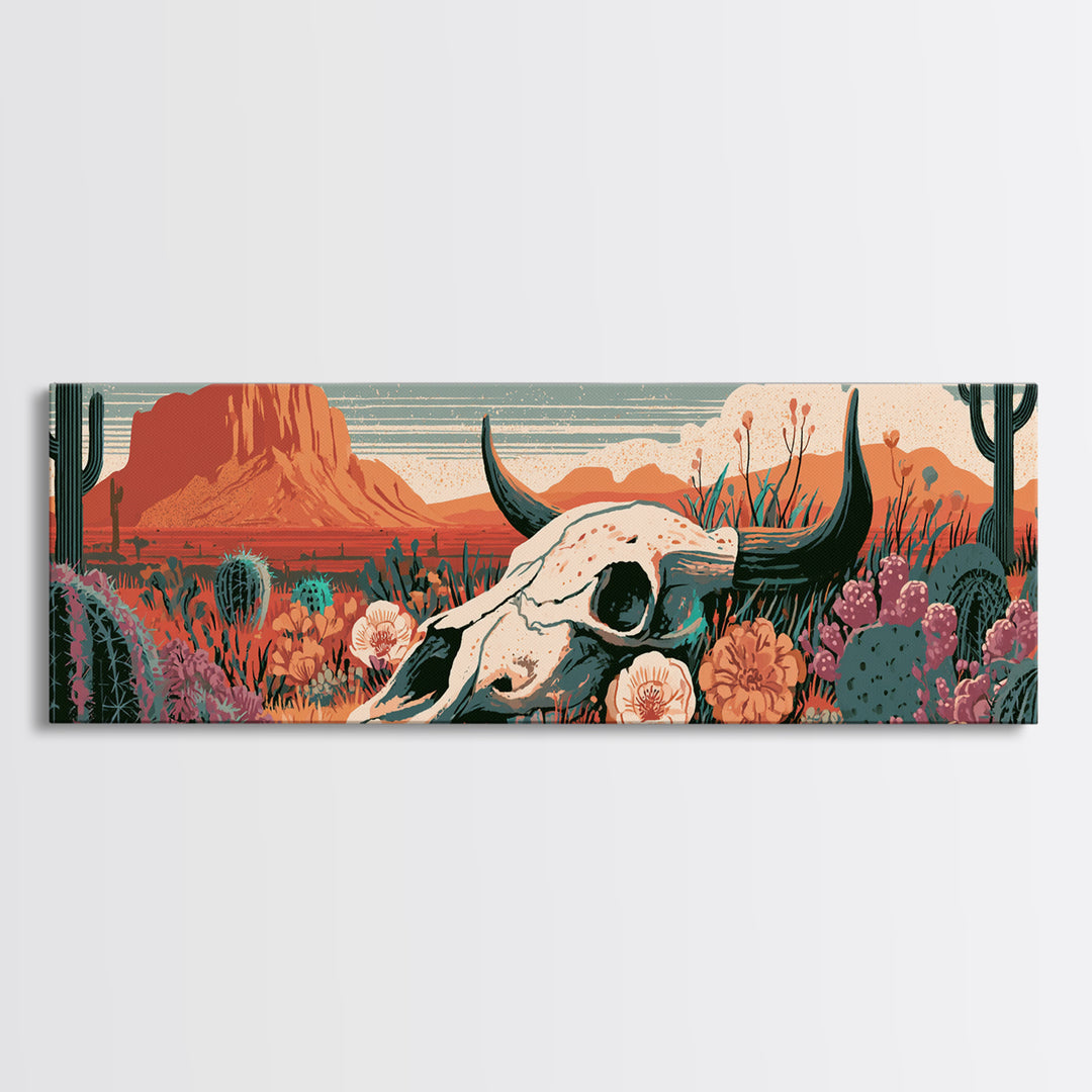 Sun Bleached Skull and Desert Flowers Canvas Print, Desert Art, Landscape Wall Art, Southwestern Decor, Watercolor Art, Desert, DES-3x1-4
