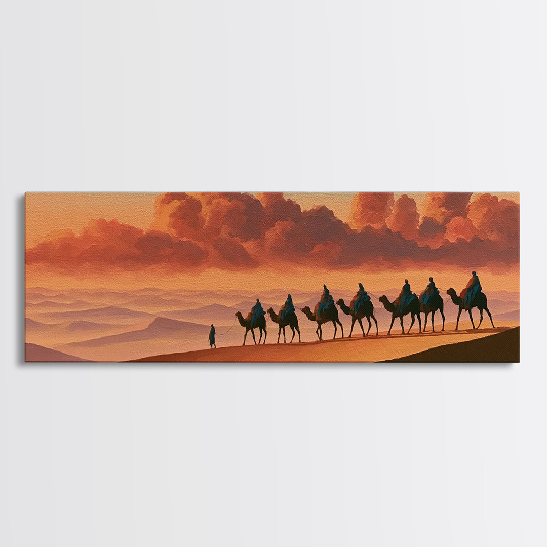 Camel Caravan Crossing Golden Dunes Framed Canvas Print, Desert Art, Boho, Southwestern Decor, Desert, Mountain Wall Art, DES-3x1-47