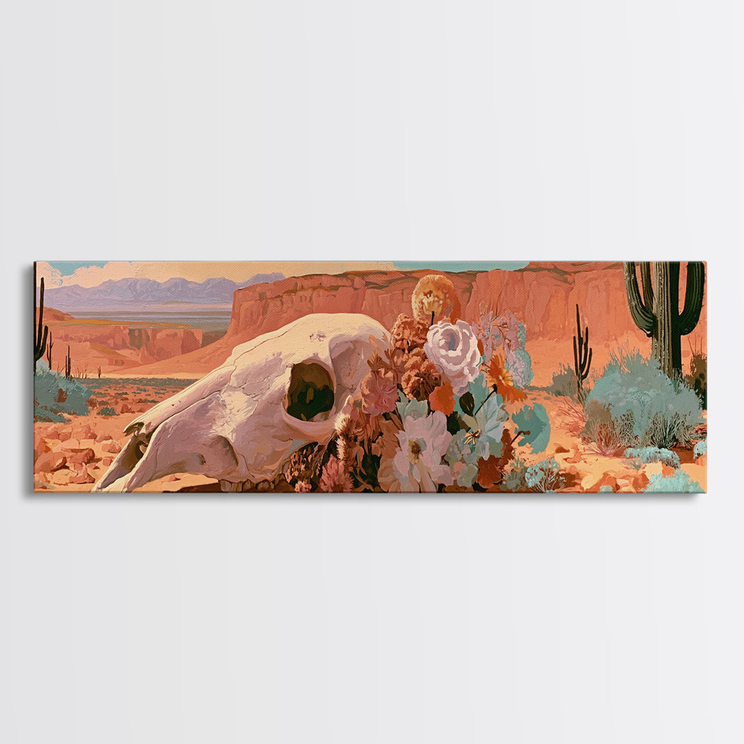 Sun Bleached Skull and Desert Flowers Framed Canvas Print, Desert Art, Contemporary Art, Southwestern Decor, Fine Art, Desert, DES-3x1-52