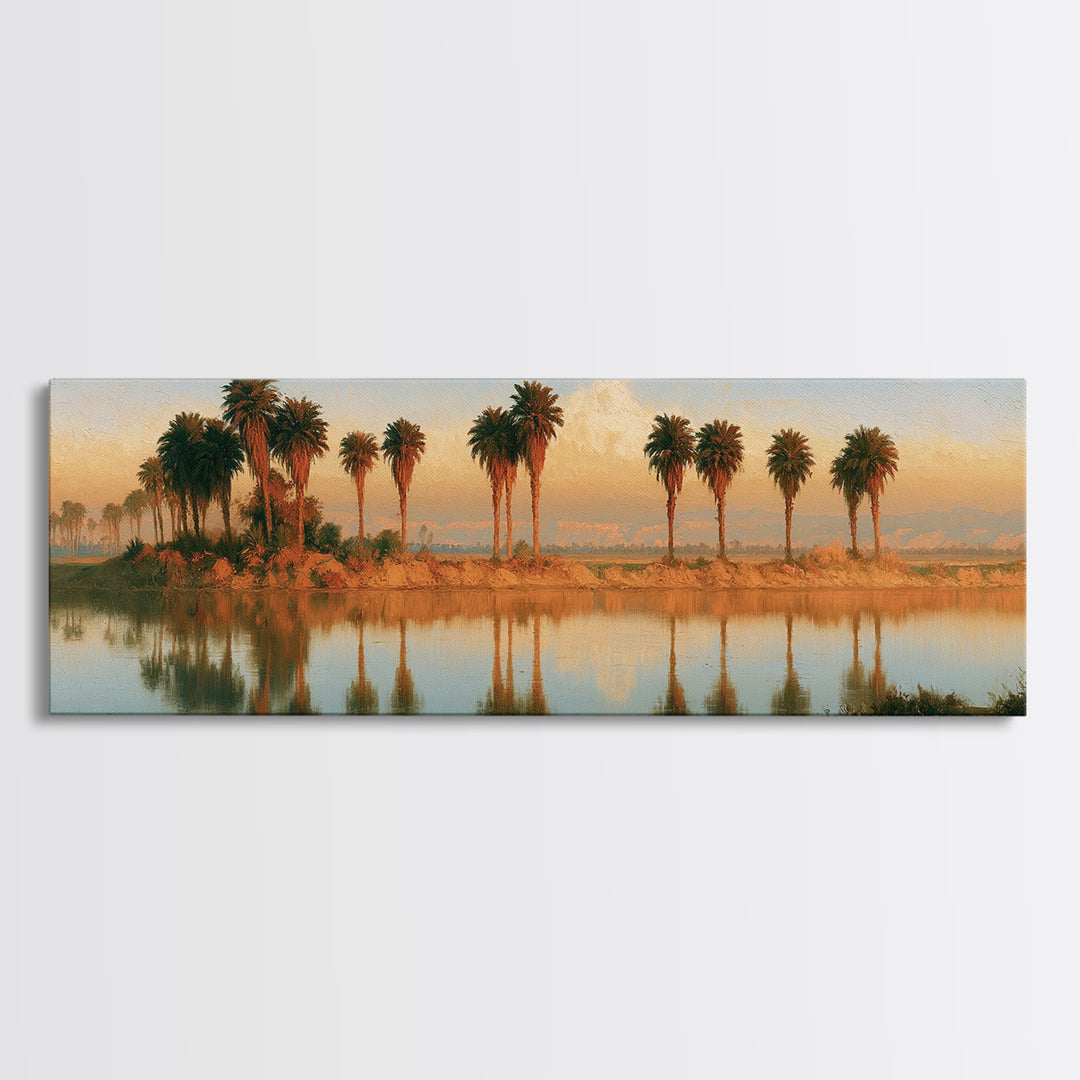Palm Oasis Reflected Framed Canvas Print, Desert Art, Wall Art Prints, Southwestern Decor, Oil Painting, Desert, Boho Decor, DES-3x1-55