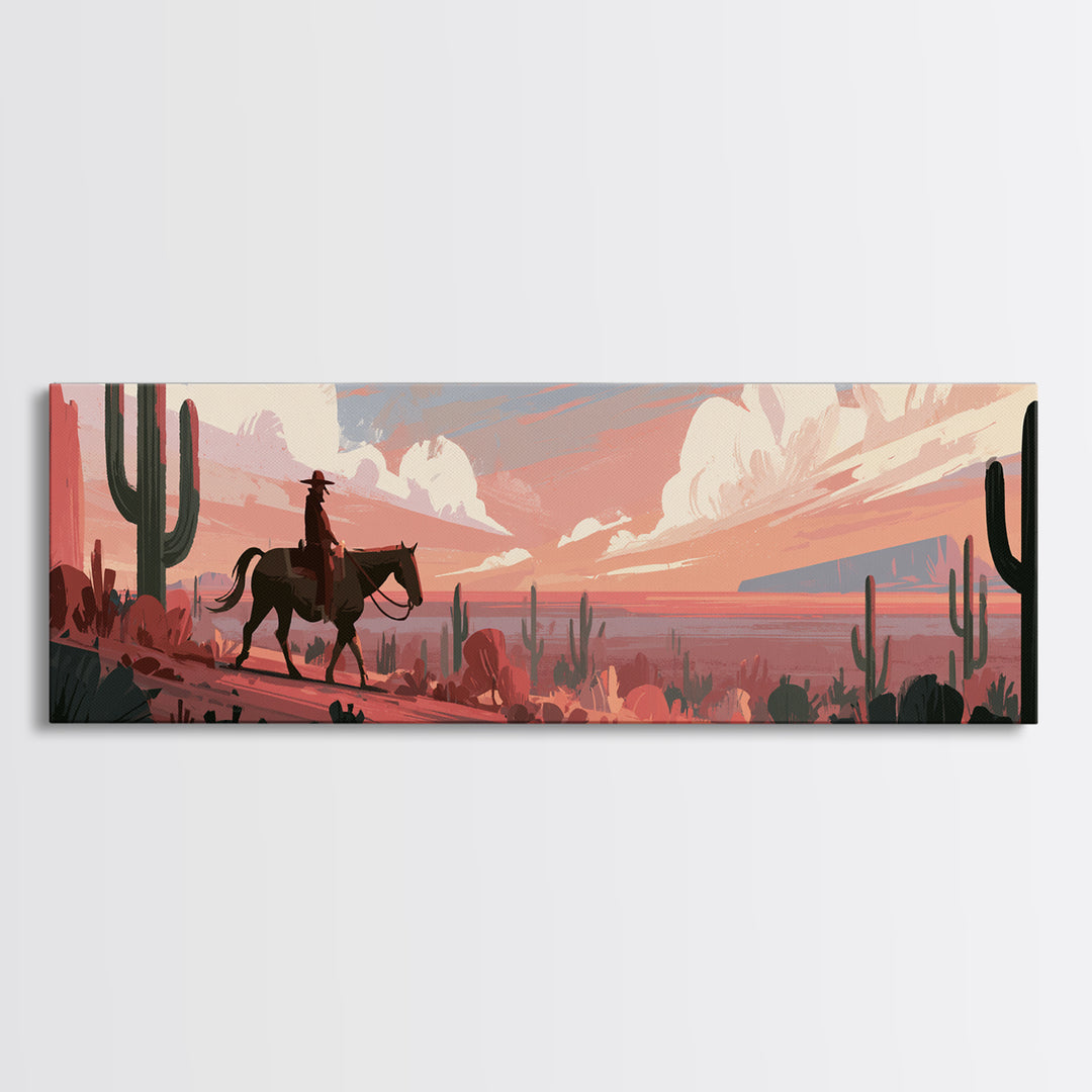 Dusty Horseback Rider at Sunset Framed Canvas Print, Desert Art, Room Decor, Southwestern Decor, Desert, Abstract Wall Art, DES-3x1-63