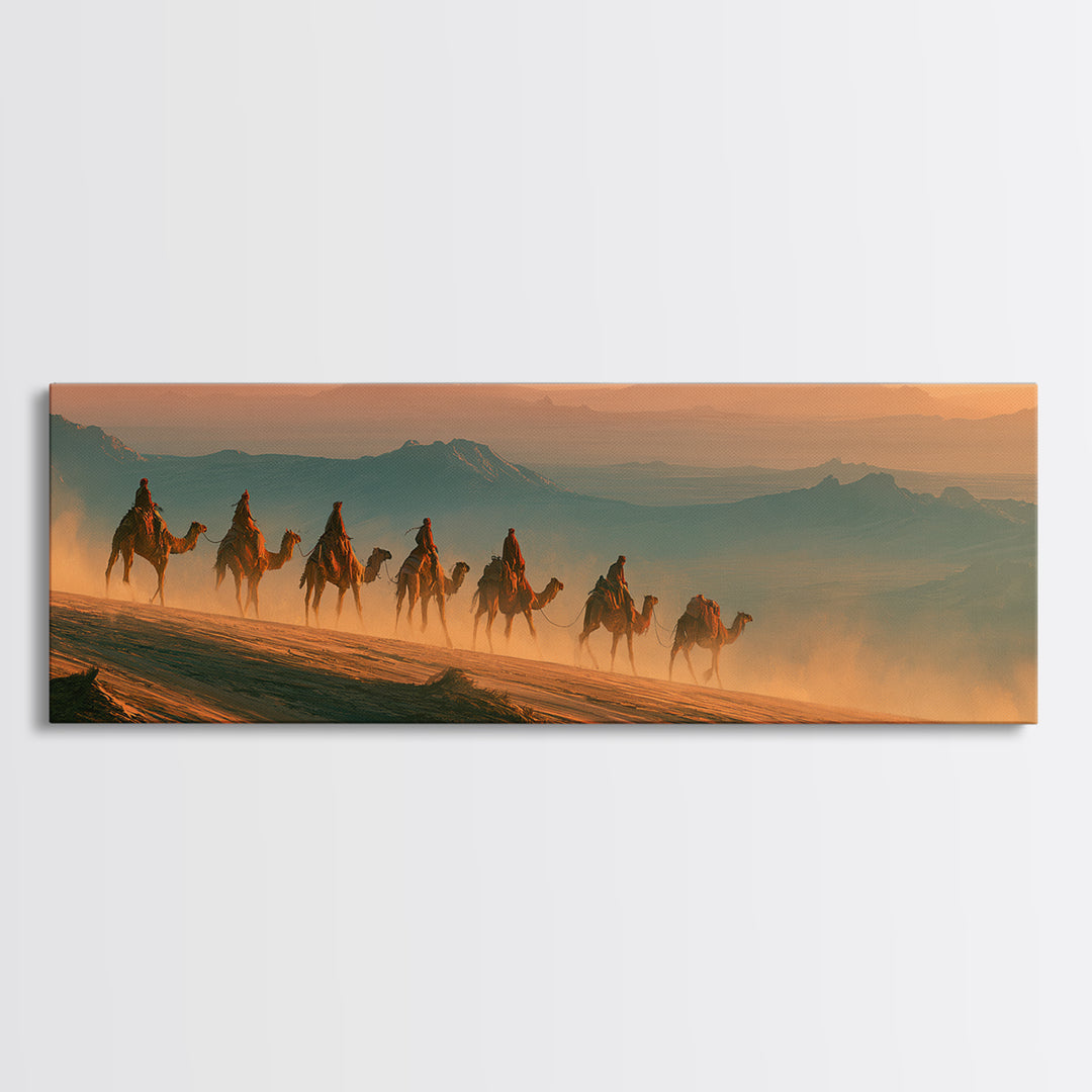 Camel Caravan Crossing Golden Dunes Canvas Print, Desert Art, Boho Wall Art, Southwestern Decor, Oil Painting, Desert, DES-3x1-71