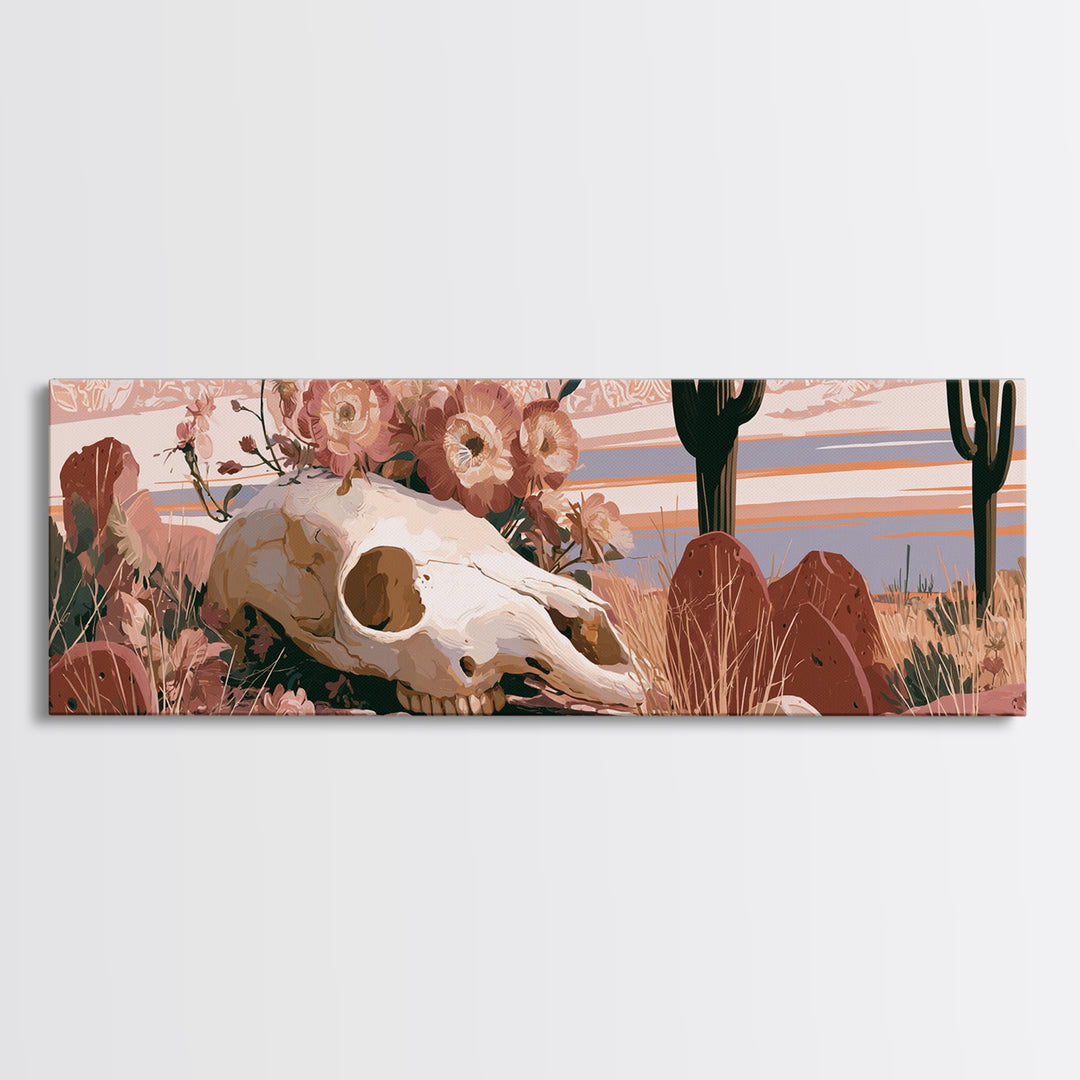 Sun Bleached Skull and Desert Flowers Canvas Print, Desert Art, Print, Southwestern Decor, Oil Painting, Desert, DES-3x1-76