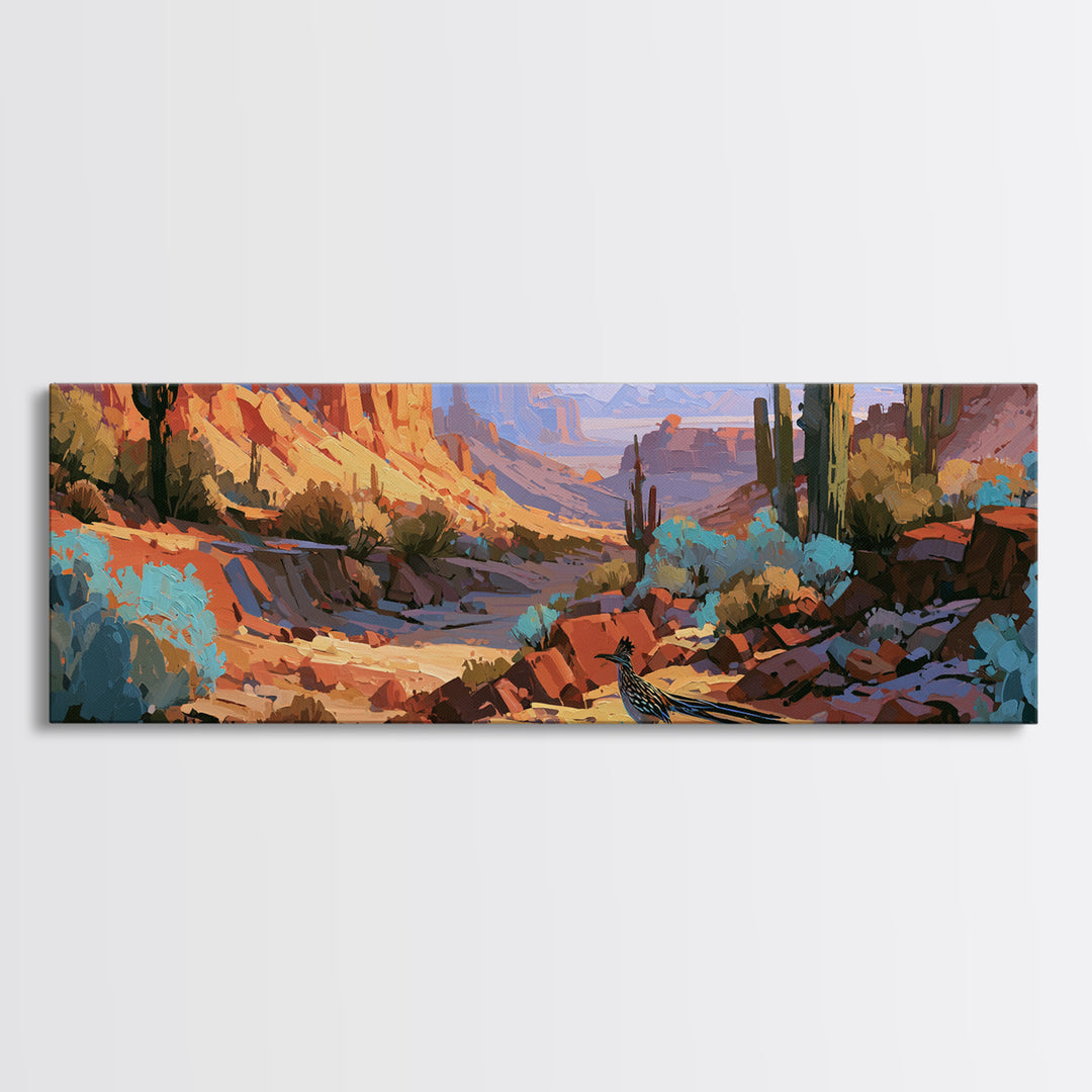Roadrunner Bird in a Dry Wash Canvas Print, Desert Art, Printable Art, Southwestern Decor, Oil Painting, Desert, DES-3x1-78