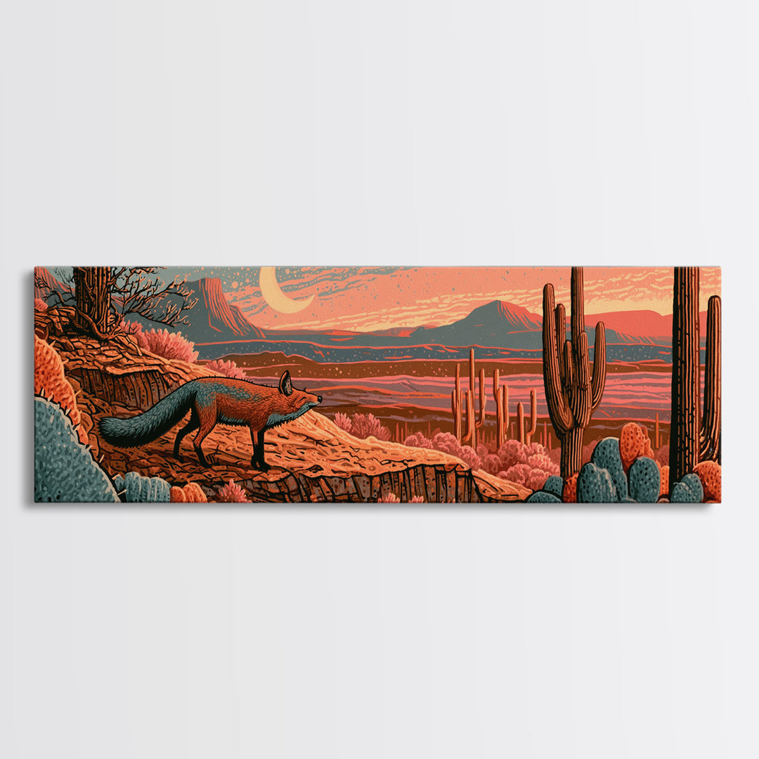 Desert Fox Beneath a Crescent Moon Framed Canvas Print, Desert Art, Mountain Wall Art, Southwestern Decor, Fine Art, Desert, DES-3x1-9