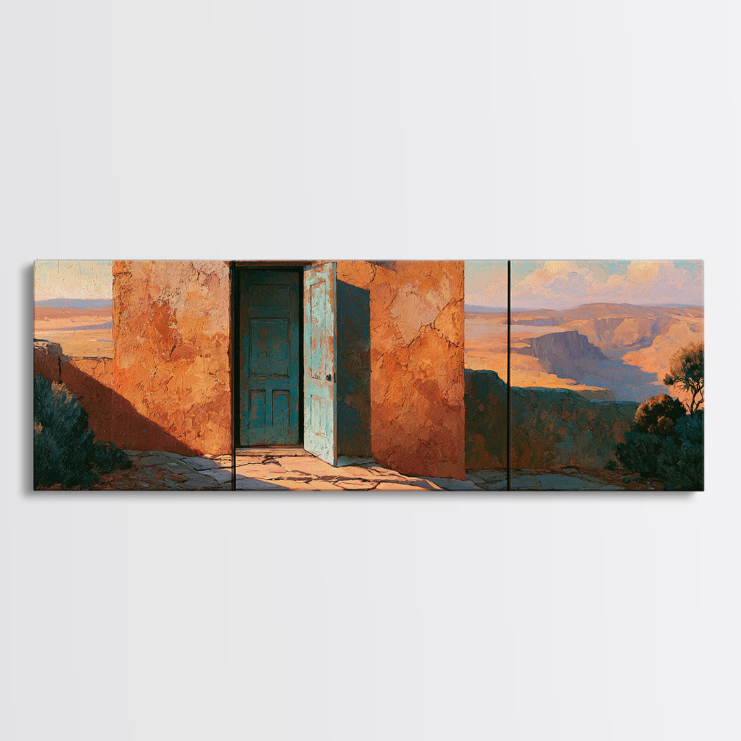 Adobe Doorway with Turquoise Shadow Canvas Print, Desert Art, Southwestern Decor, Oil Painting, Desert, Printable Art, DES-3x1-93