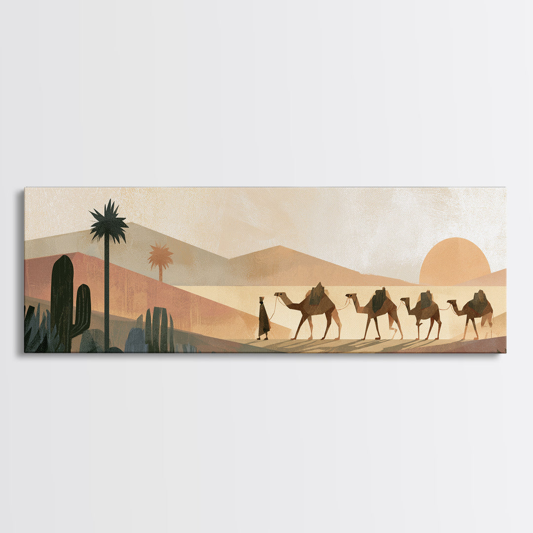 Camel Caravan Crossing Golden Dunes Canvas Print, Desert Art, Watercolor Painting, Southwestern Decor, Fine Art, Desert, DES-3x1-95