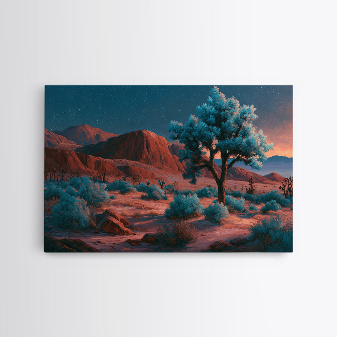 Joshua Tree under Star Filled Night Framed Canvas Print, Desert Art, Mountain Wall Art, Southwestern Decor, Oil Painting, DES-3x2-10