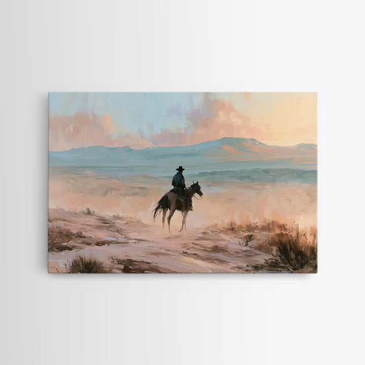 Dusty Horseback Rider at Sunset Framed Canvas Print, Desert Art, Wall Art, Southwestern Decor, Desert, Apartment Decor, DES-3x2-27