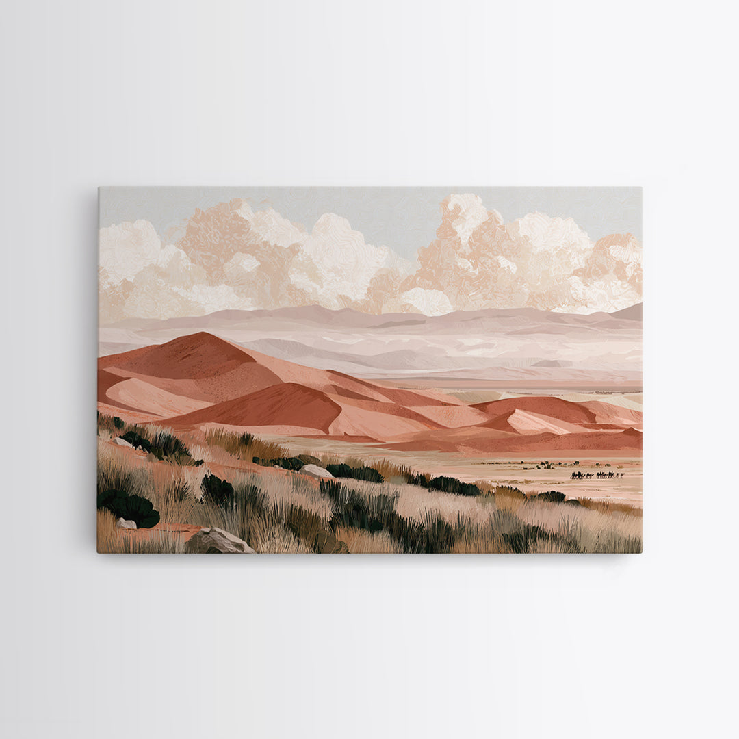 Saharan Dunes with Tiny Caravan Silhouettes Canvas Print, Desert Art, Digital Download Art, Southwestern Decor, Oil Painting, DES-3x2-30