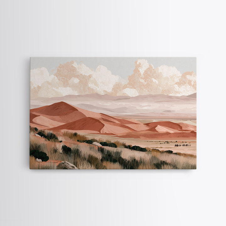Saharan Dunes with Tiny Caravan Silhouettes Canvas Print, Desert Art, Digital Download Art, Southwestern Decor, Oil Painting, DES-3x2-30