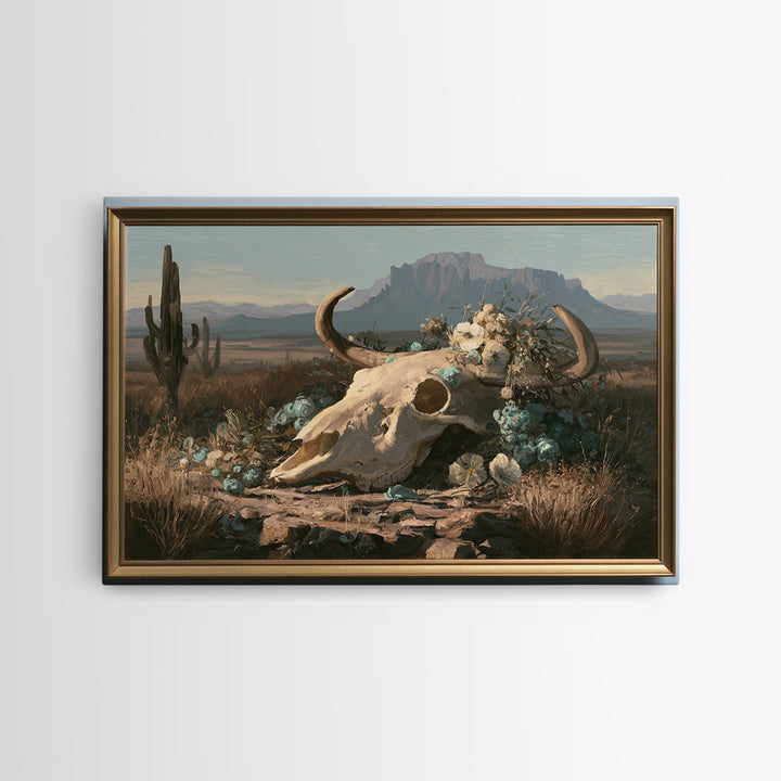 Sun Bleached Skull and Desert Flowers Framed Canvas Print, Desert Art, Southwestern Decor, Watercolor Art, Desert, DES-3x2-40
