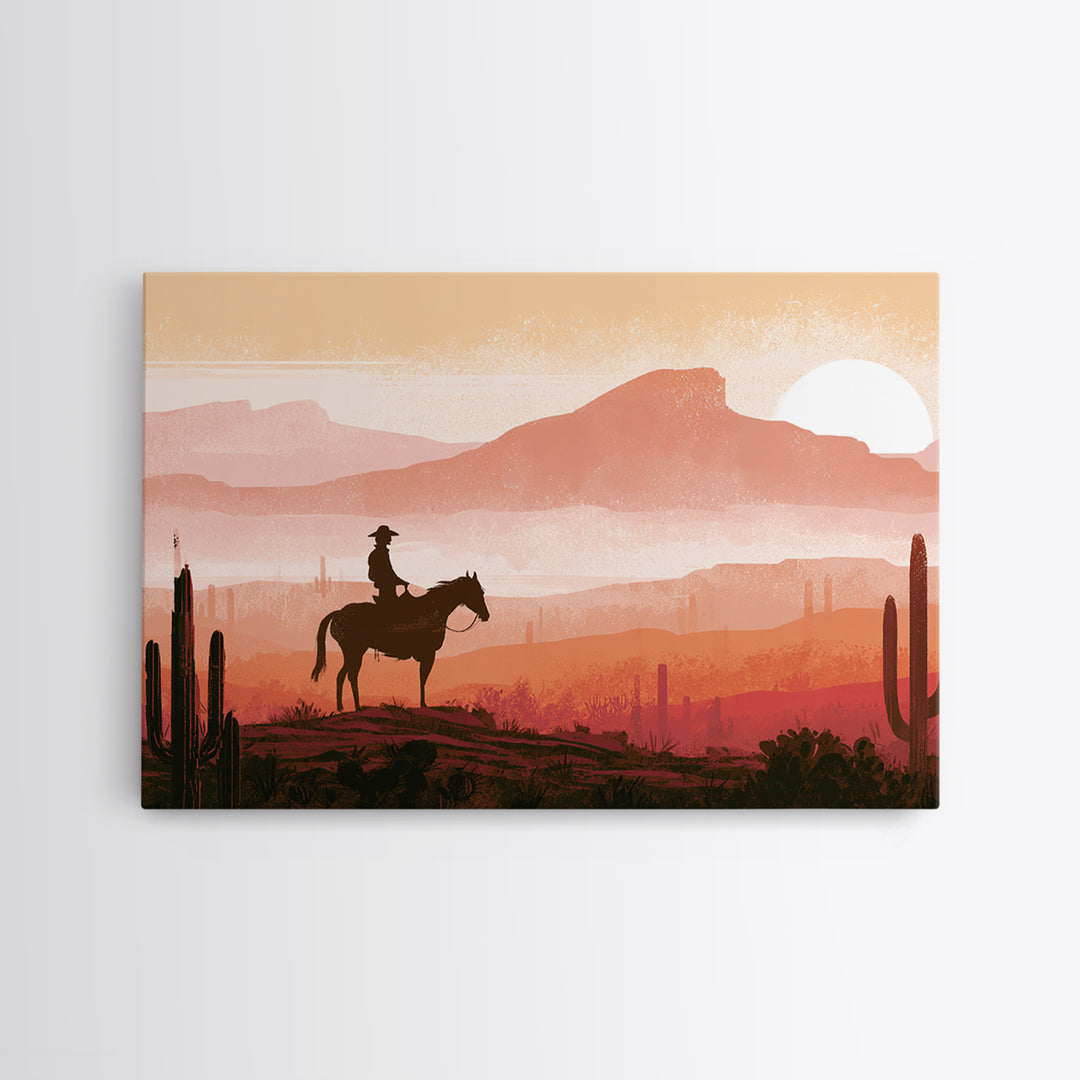 Dusty Horseback Rider at Sunset Canvas Print, Desert Art, Printable Wall Art, Southwestern Decor, Oil Painting, Desert, DES-3x2-51