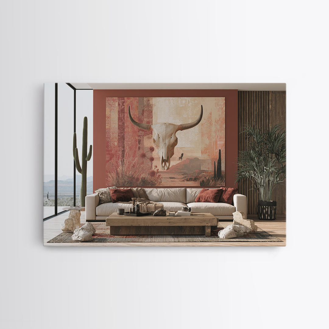 Sun Bleached Skull and Desert Flowers Framed Canvas Print, Desert Art, Original Painting, Southwestern Decor, Fine Art, Desert, DES-3x2-64