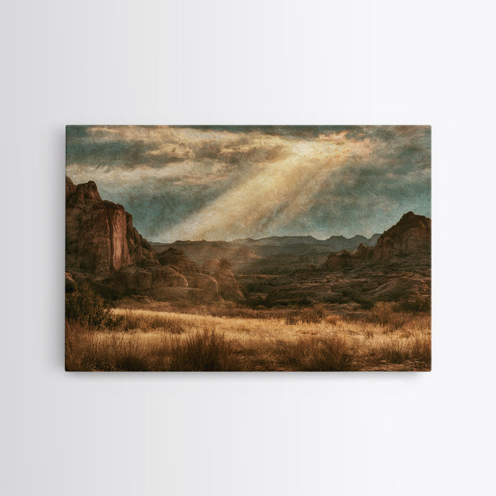 Sandstone Canyon with Dramatic Light Beam Canvas Print, Desert Art, Oil Painting, Southwestern Decor, Desert, Bedroom Wall Art, DES-3x2-68