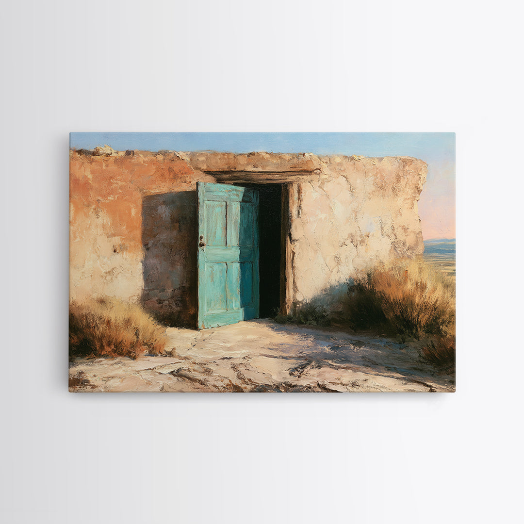 Adobe Doorway with Turquoise Shadow Framed Canvas Print, Desert Art, Contemporary Art, Southwestern Decor, Fine Art, Desert, DES-3x2-81