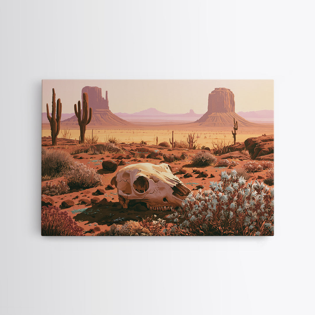 Sun Bleached Skull and Desert Flowers Canvas Print, Desert Art, Printable Art, Southwestern Decor, Oil Painting, Desert, DES-3x2-88