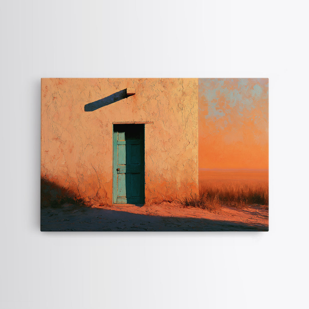 Adobe Doorway with Turquoise Shadow Framed Canvas Print, Desert Art, Nature Wall Art, Southwestern Decor, Oil Painting, Desert, DES-3x2-9